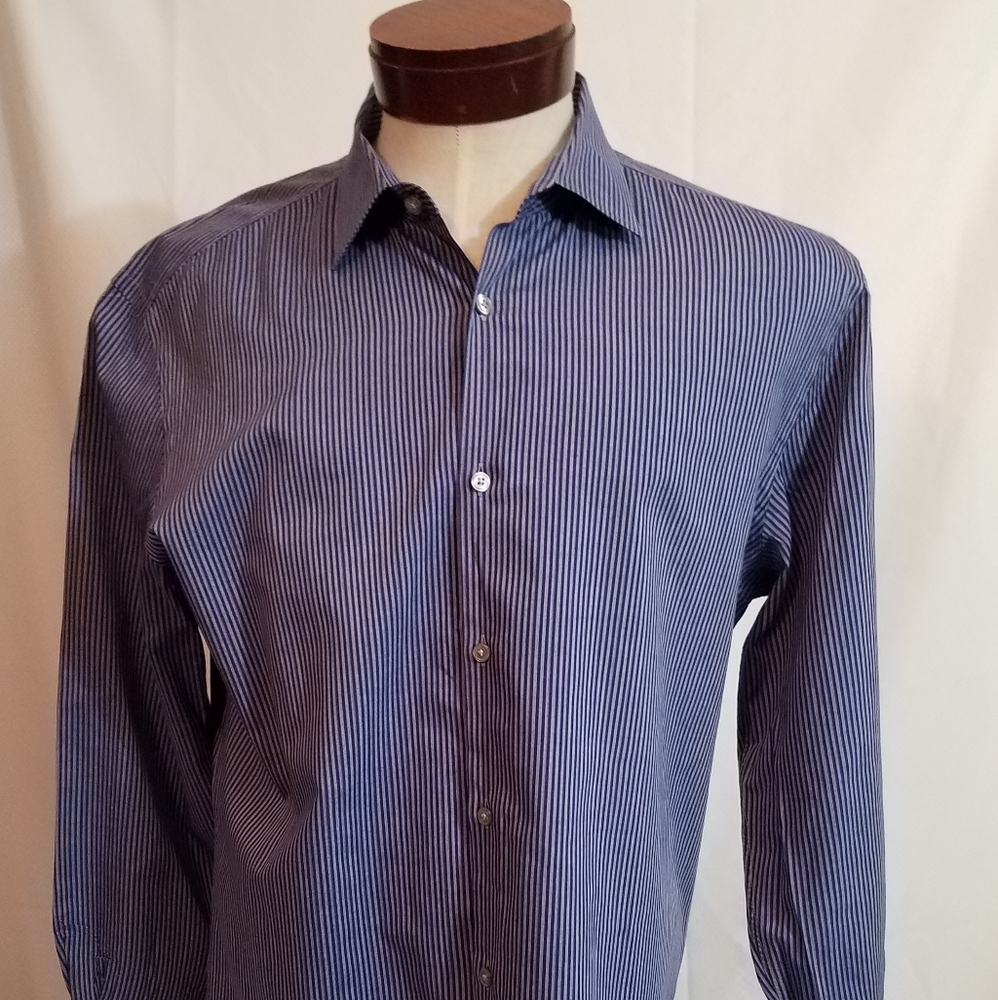 Hugo Boss Mens Casual Stripe Blue Gray Shirt 17 43